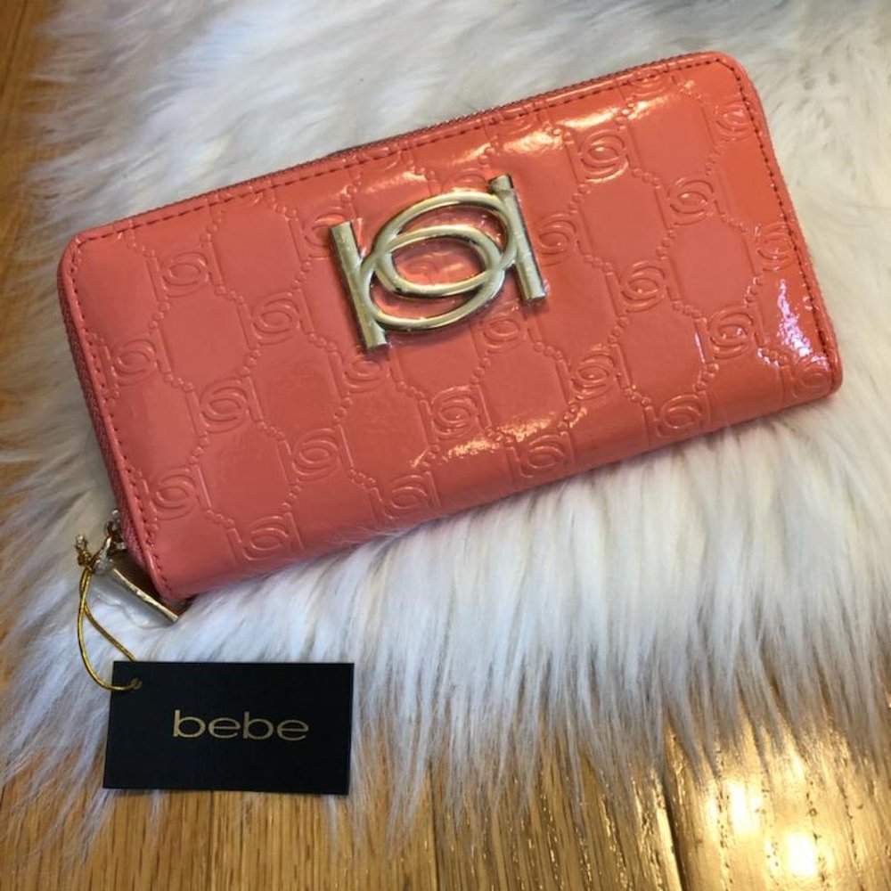 Bebe Patent Popped Monogram Coral Wallet